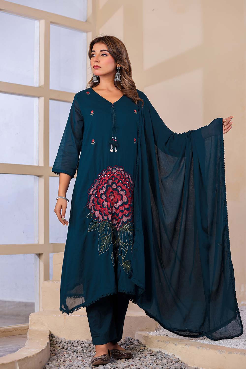 Till Blue Fabric Mall Cotton Kurti Plazo Dupatta 3Pcs Sets