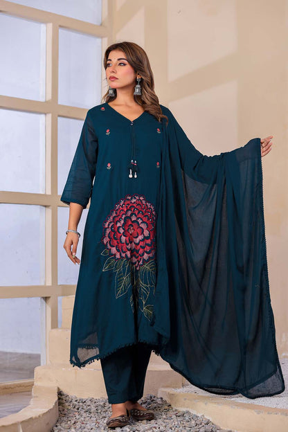 Till Blue Fabric Mall Cotton Kurti Plazo Dupatta 3Pcs Sets