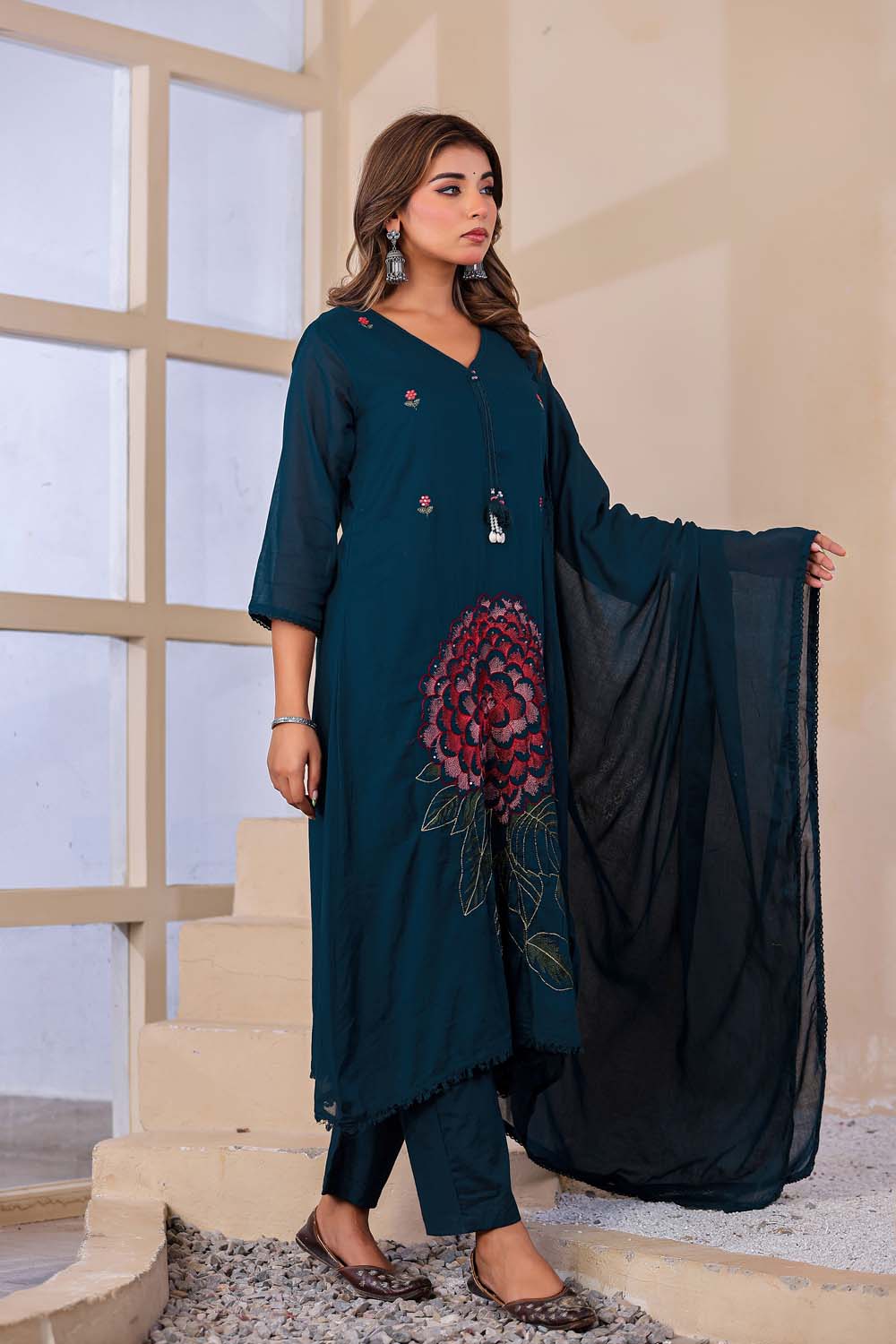 Till Blue Fabric Mall Cotton Kurti Plazo Dupatta 3Pcs Sets