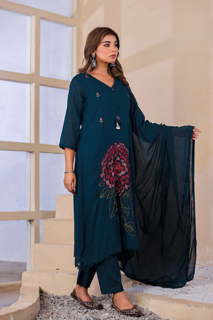 Till Blue Fabric Mall Cotton Kurti Plazo Dupatta 3Pcs Sets