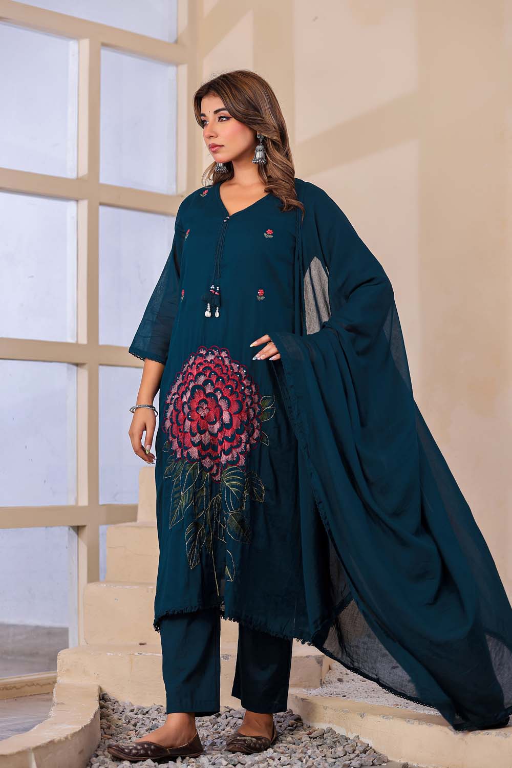 Till Blue Fabric Mall Cotton Kurti Plazo Dupatta 3Pcs Sets