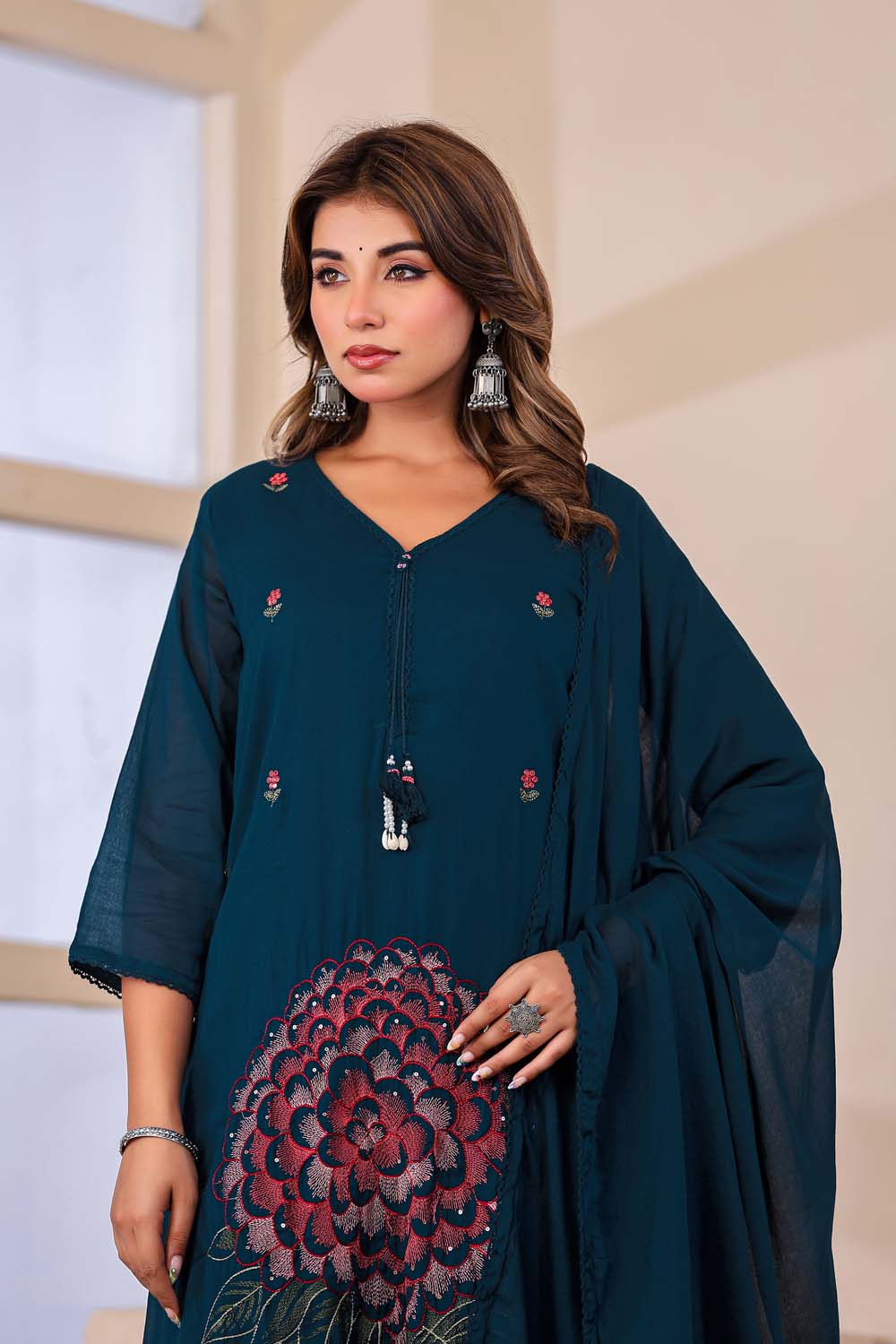 Till Blue Fabric Mall Cotton Kurti Plazo Dupatta 3Pcs Sets