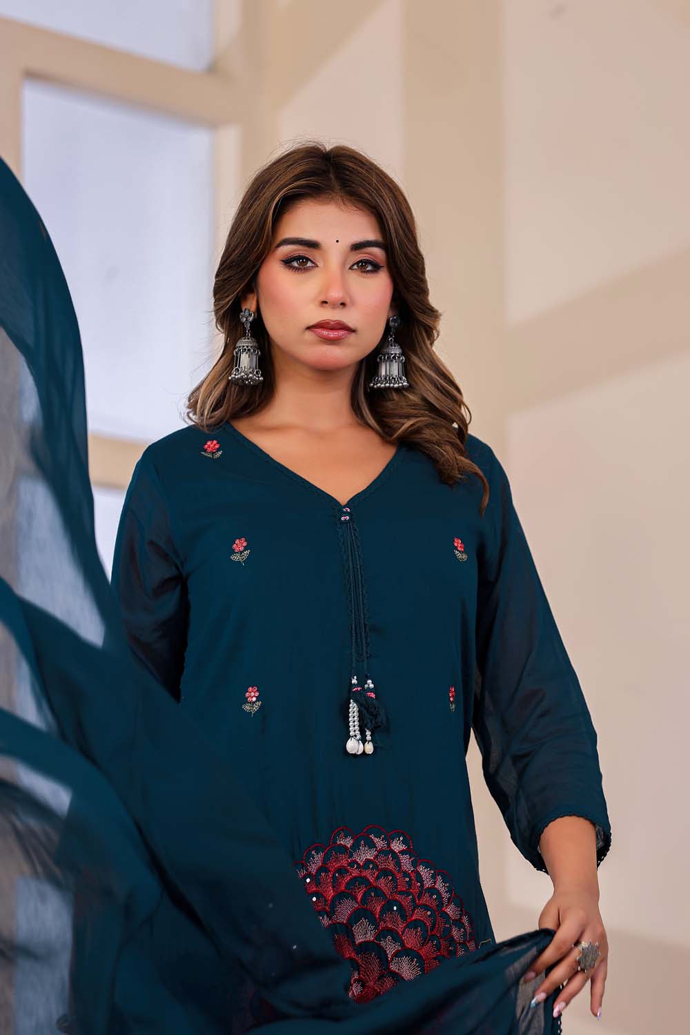 Till Blue Fabric Mall Cotton Kurti Plazo Dupatta 3Pcs Sets
