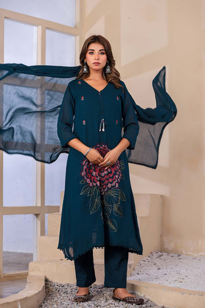 Till Blue Fabric Mall Cotton Kurti Plazo Dupatta 3Pcs Sets
