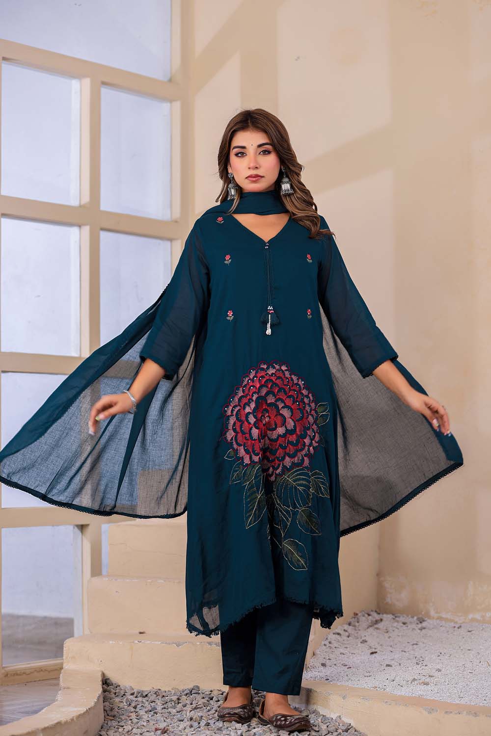 Till Blue Fabric Mall Cotton Kurti Plazo Dupatta 3Pcs Sets
