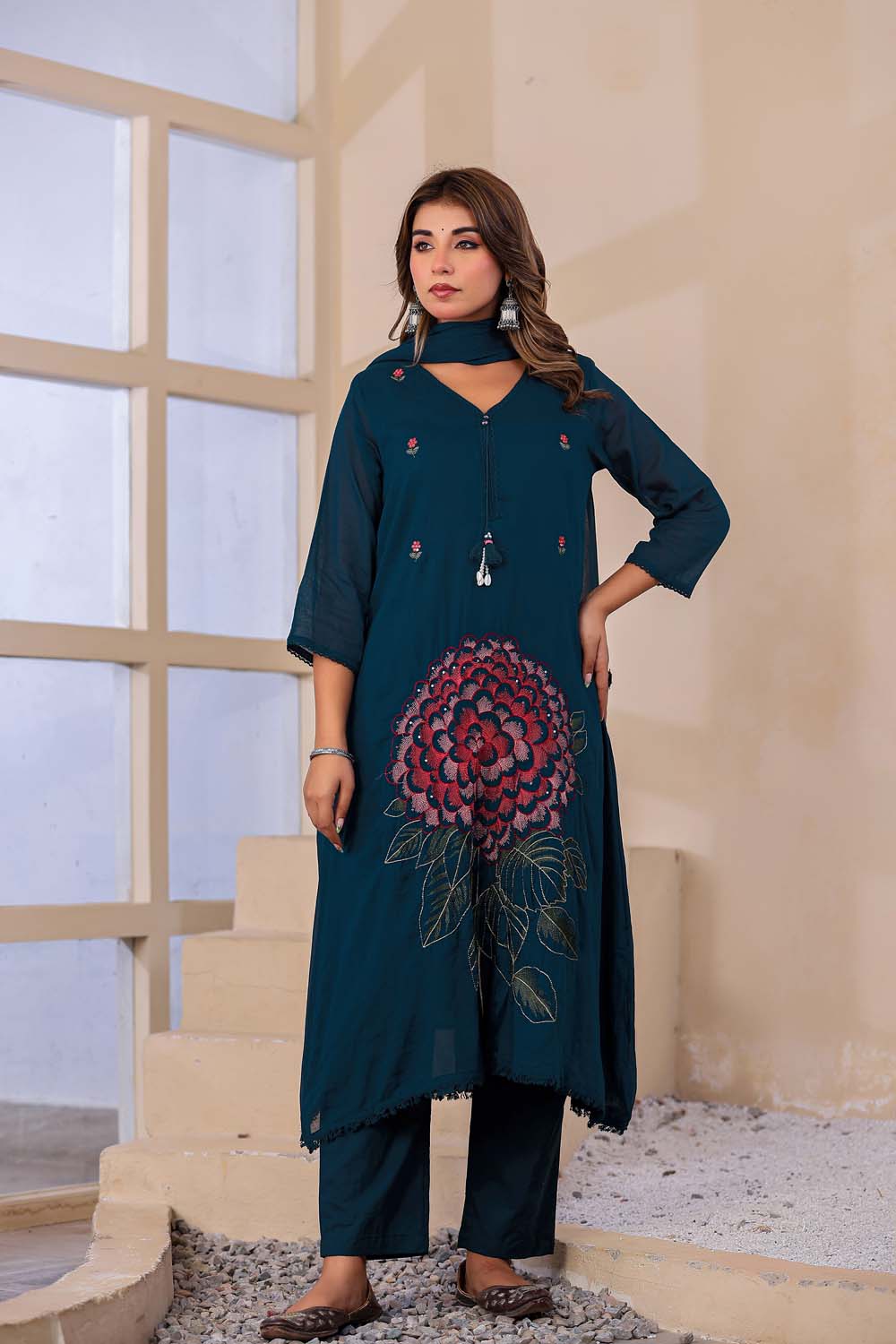 Till Blue Fabric Mall Cotton Kurti Plazo Dupatta 3Pcs Sets