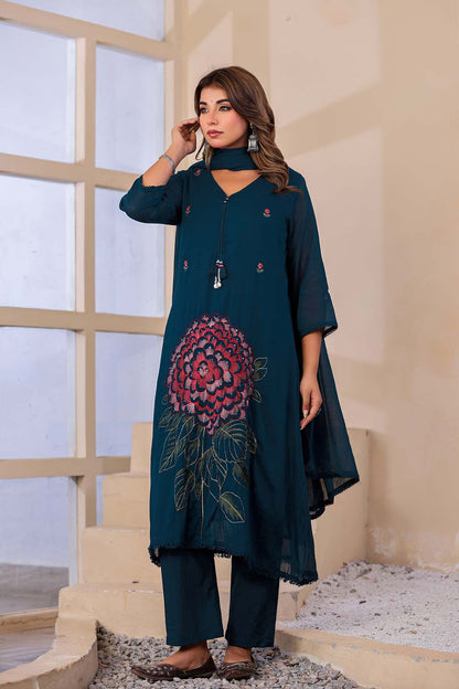 Till Blue Fabric Mall Cotton Kurti Plazo Dupatta 3Pcs Sets
