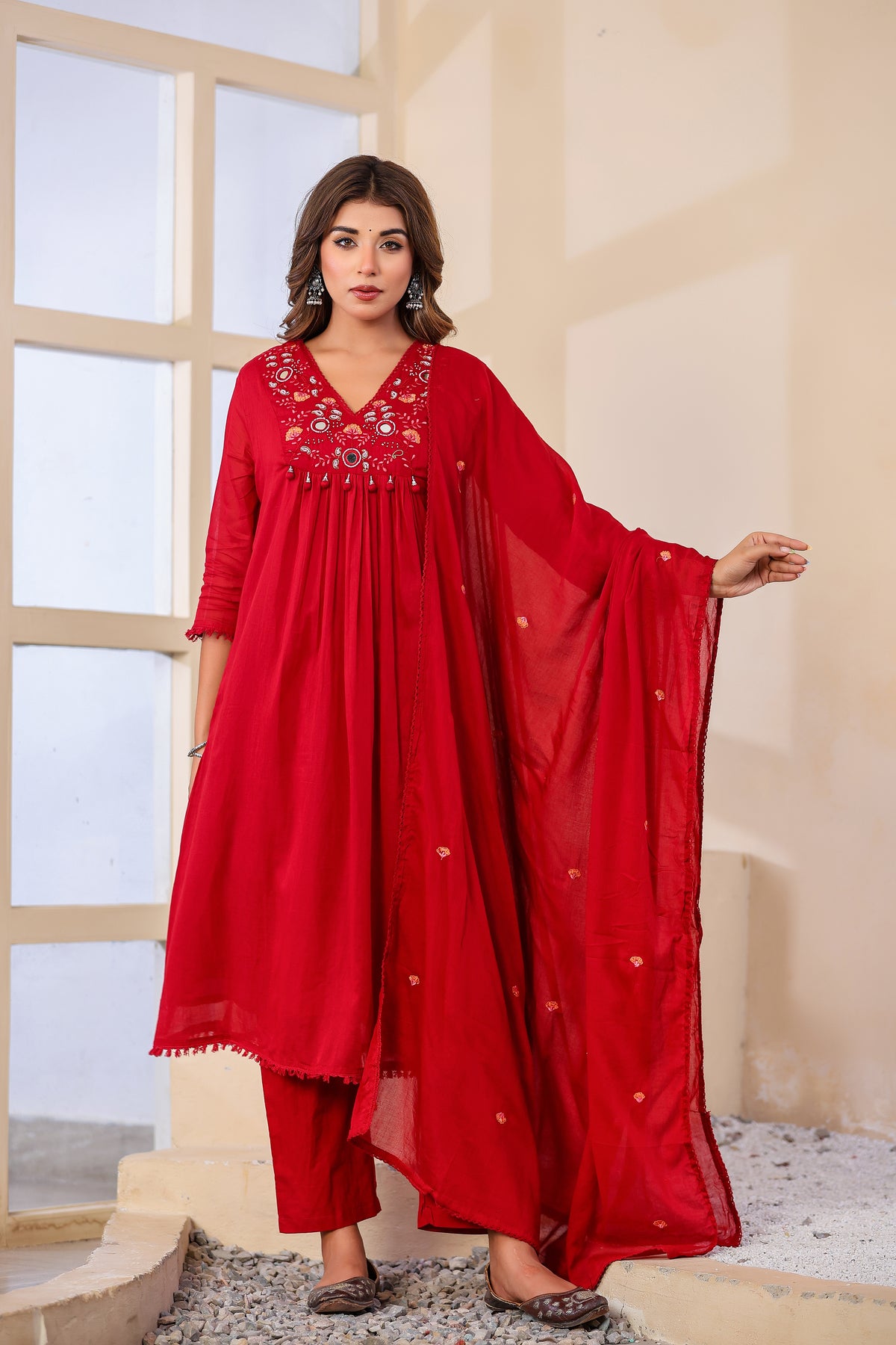 Black Fabric Mall Cotton Kurti Plazo Dupatta 3Pcs Set