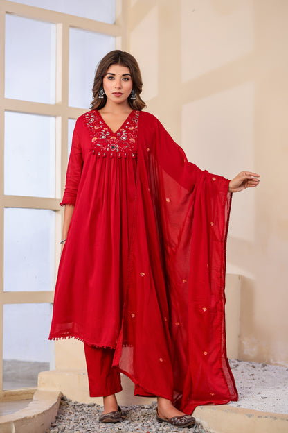 Black Fabric Mall Cotton Kurti Plazo Dupatta 3Pcs Set