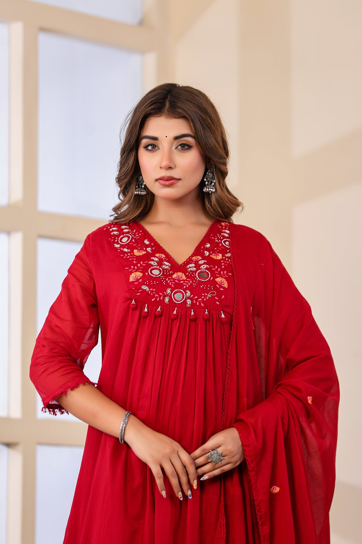 Black Fabric Mall Cotton Kurti Plazo Dupatta 3Pcs Set
