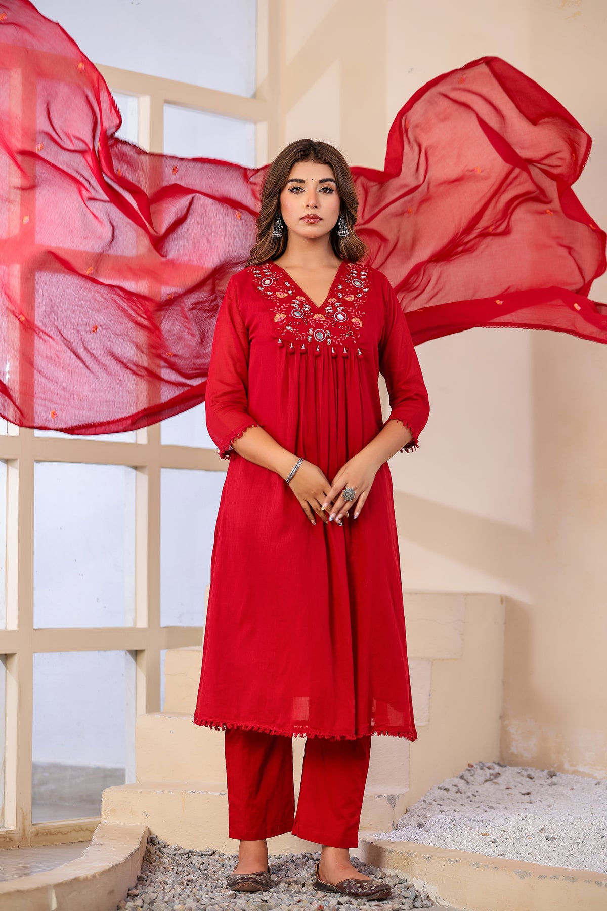 Black Fabric Mall Cotton Kurti Plazo Dupatta 3Pcs Set