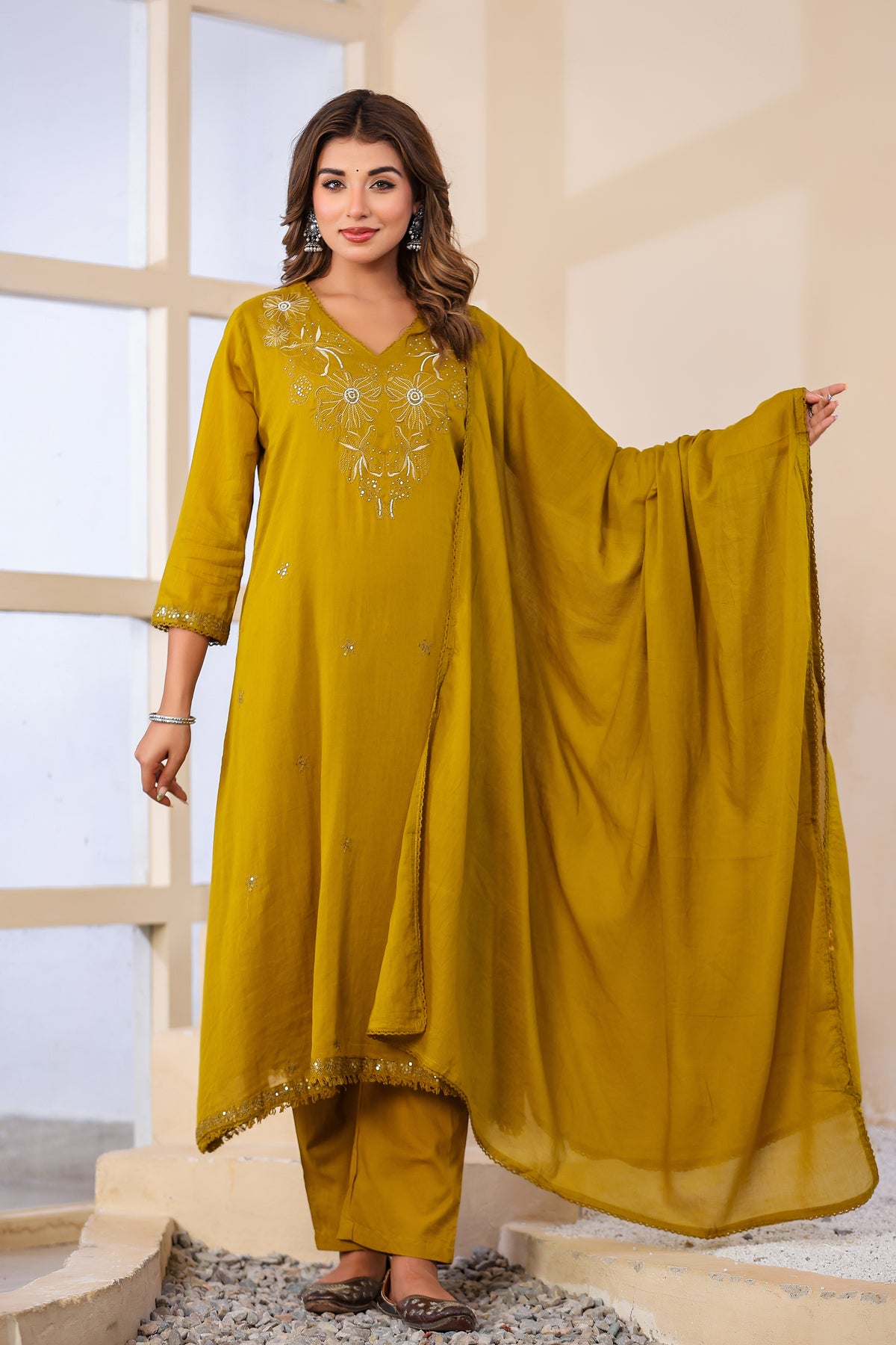 Buff Fabric Mall Cotton Kurti Pant Dupatta 3Pcs Set