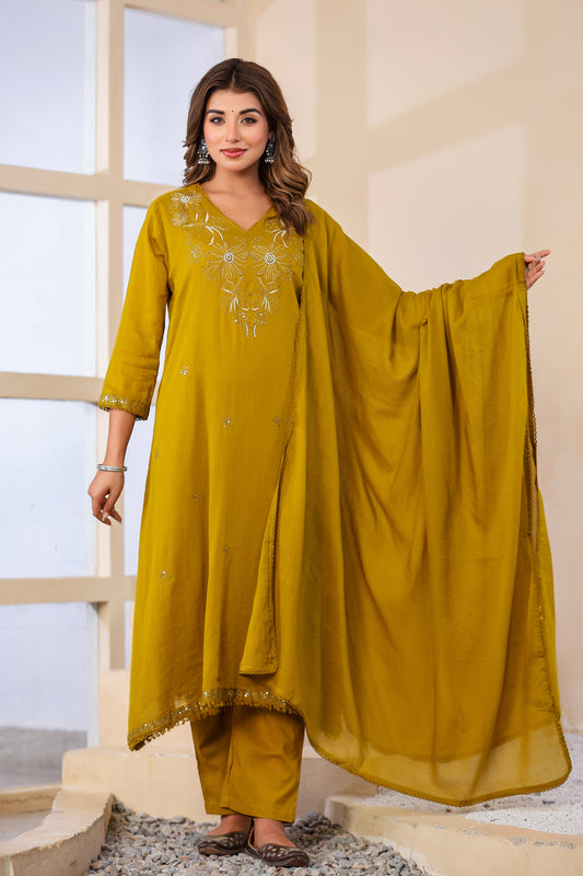 Buff Fabric Mall Cotton Kurti Pant Dupatta 3Pcs Set