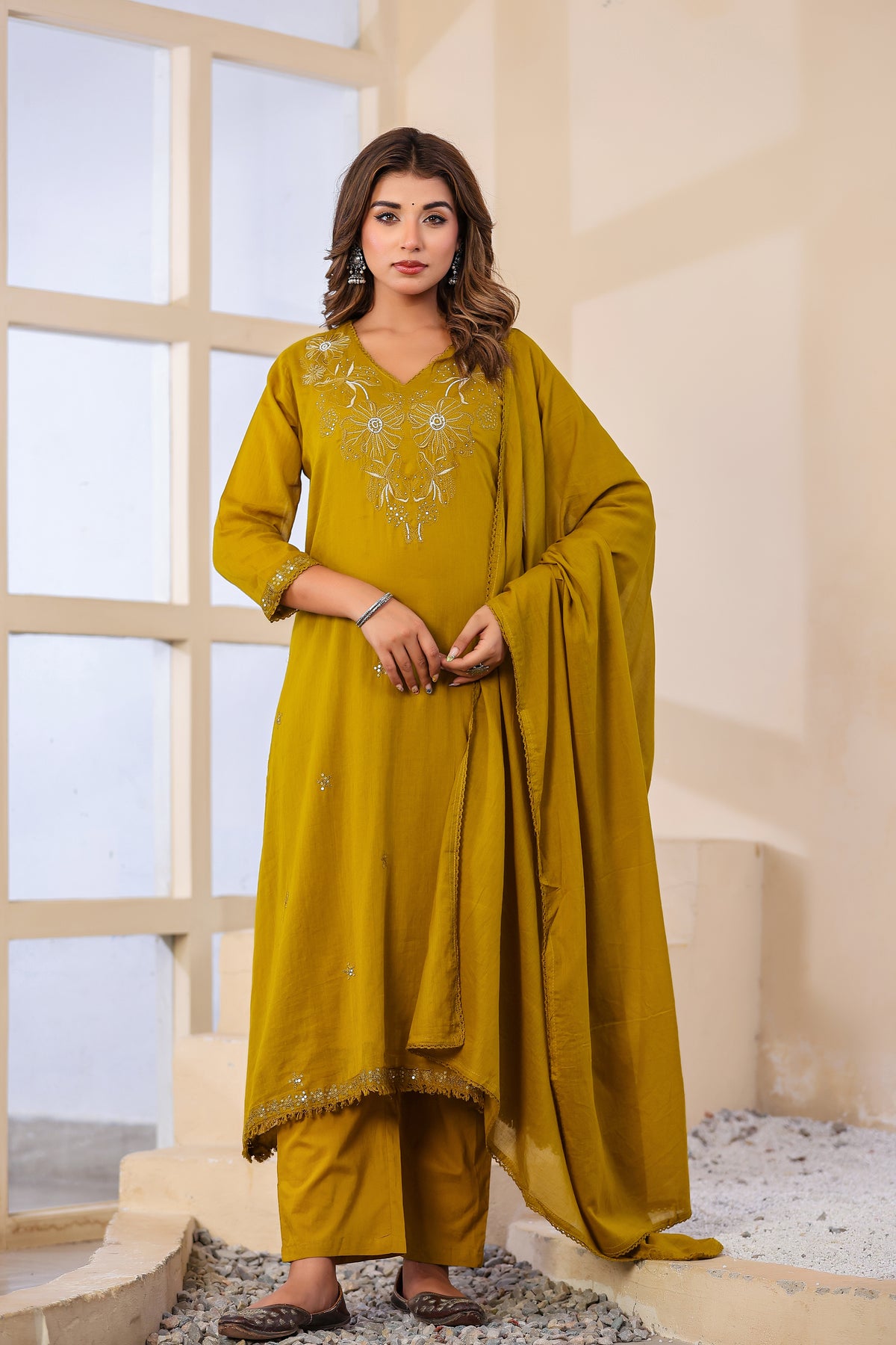 Buff Fabric Mall Cotton Kurti Pant Dupatta 3Pcs Set
