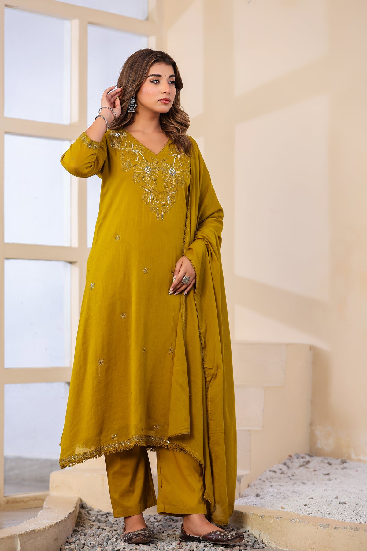 Buff Fabric Mall Cotton Kurti Pant Dupatta 3Pcs Set