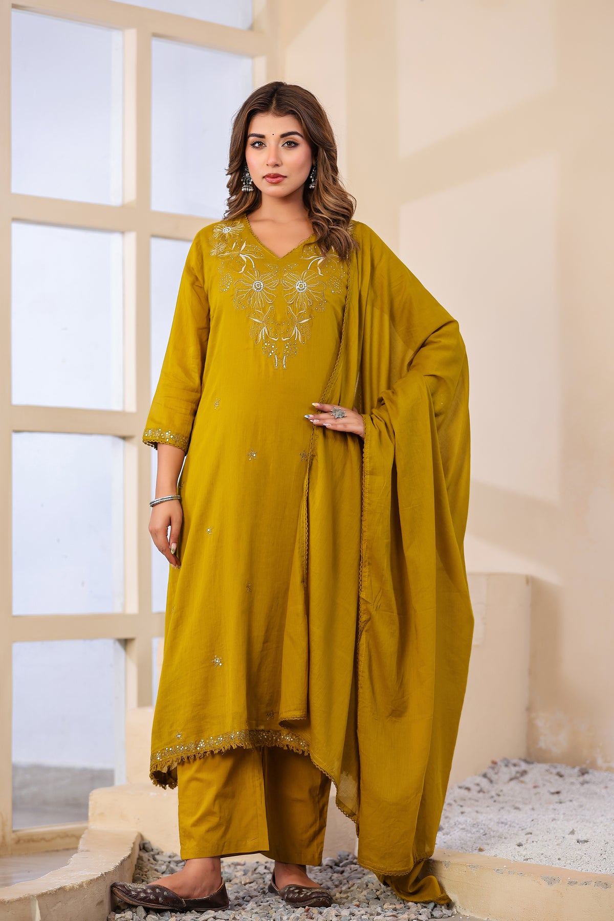 Buff Fabric Mall Cotton Kurti Pant Dupatta 3Pcs Set