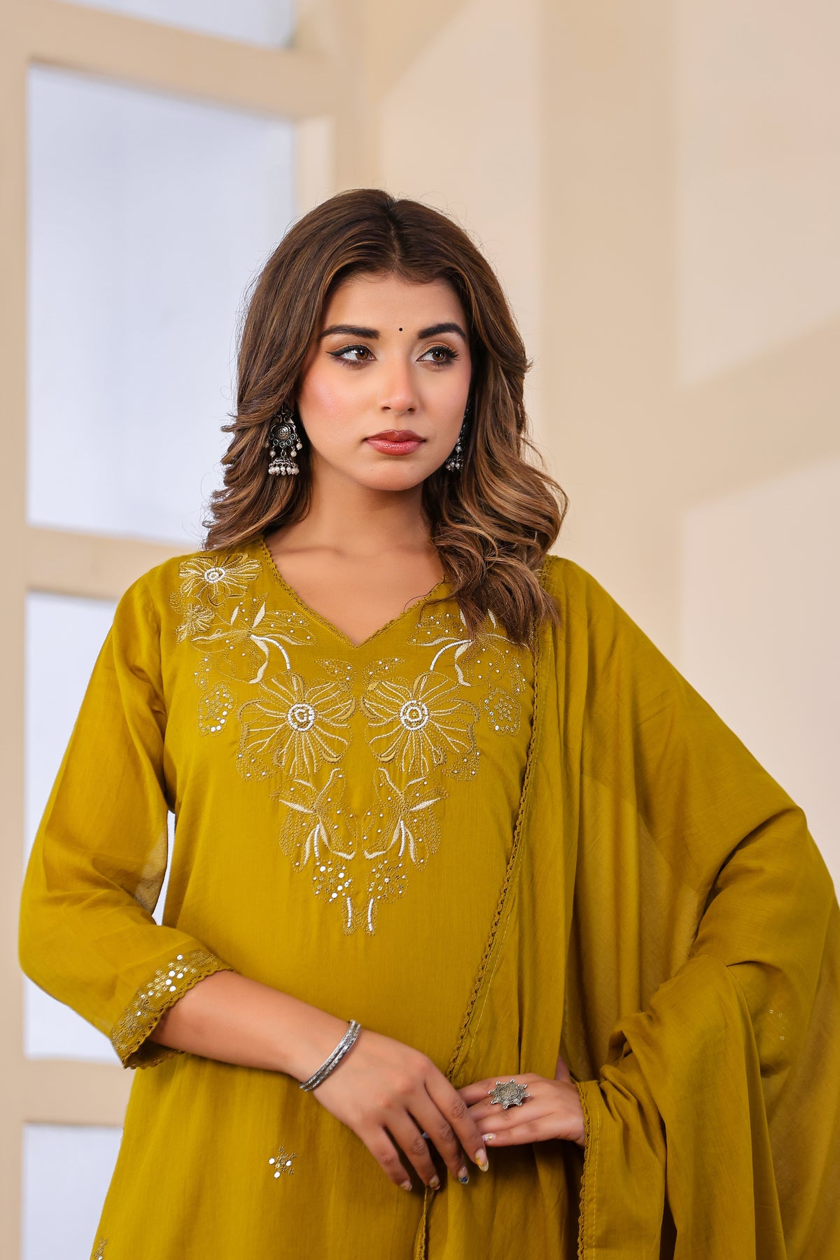 Buff Fabric Mall Cotton Kurti Pant Dupatta 3Pcs Set
