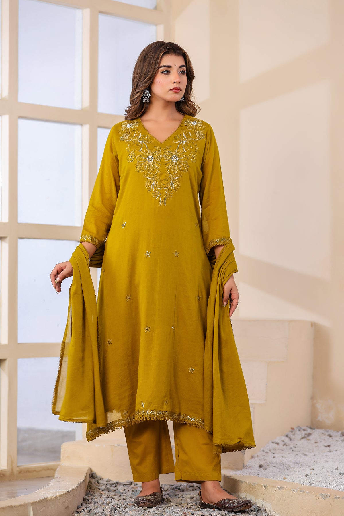 Buff Fabric Mall Cotton Kurti Pant Dupatta 3Pcs Set