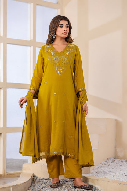 Buff Fabric Mall Cotton Kurti Pant Dupatta 3Pcs Set