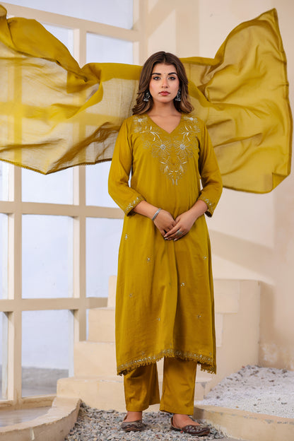 Buff Fabric Mall Cotton Kurti Pant Dupatta 3Pcs Set