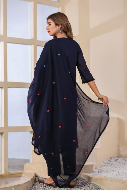 Navy blue Fabric Mall Cotton Kurti Pant Dupatta 3Pcs Set