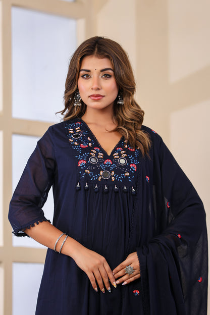 Navy blue Fabric Mall Cotton Kurti Pant Dupatta 3Pcs Set