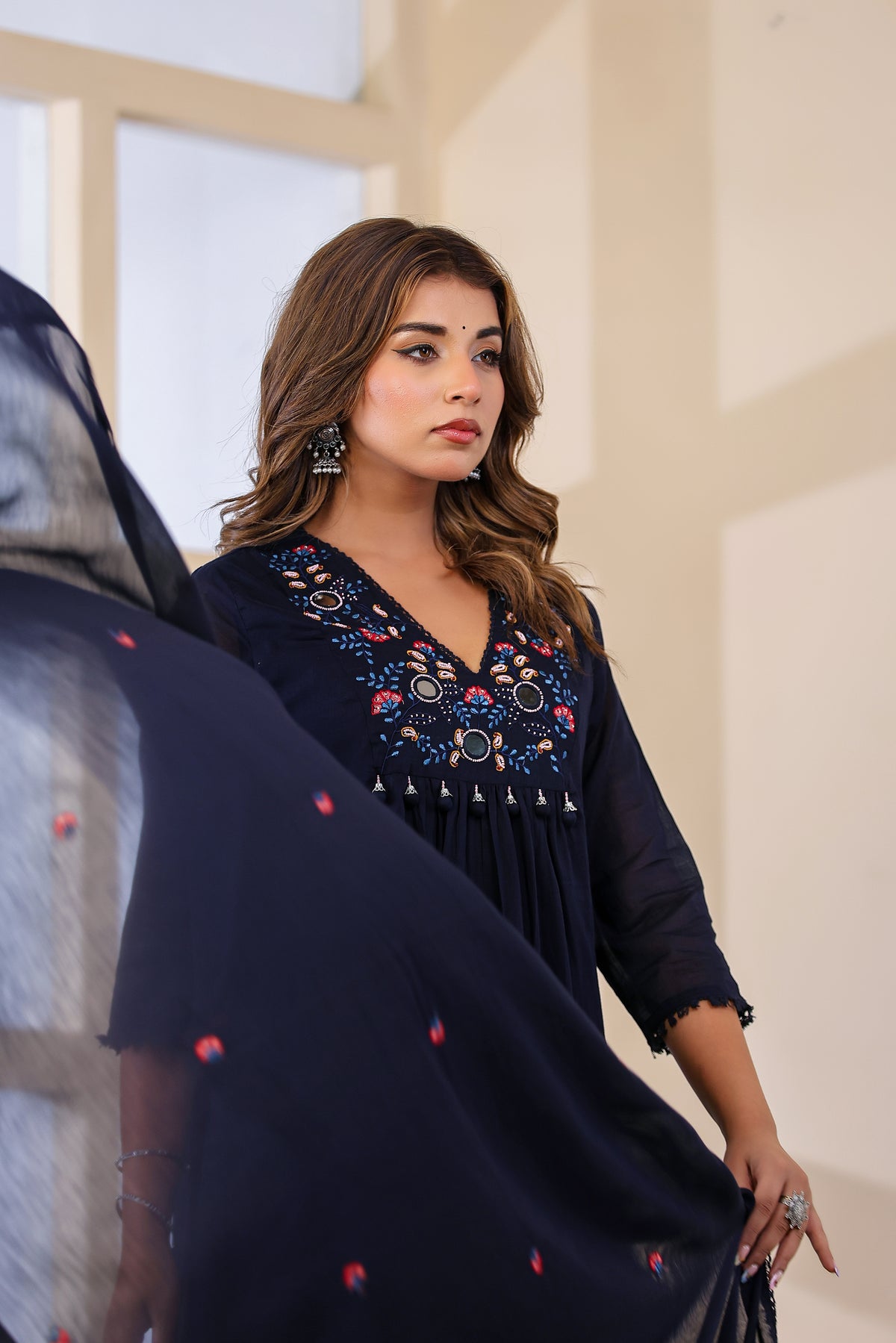 Navy blue Fabric Mall Cotton Kurti Pant Dupatta 3Pcs Set