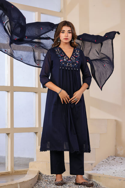Navy blue Fabric Mall Cotton Kurti Pant Dupatta 3Pcs Set