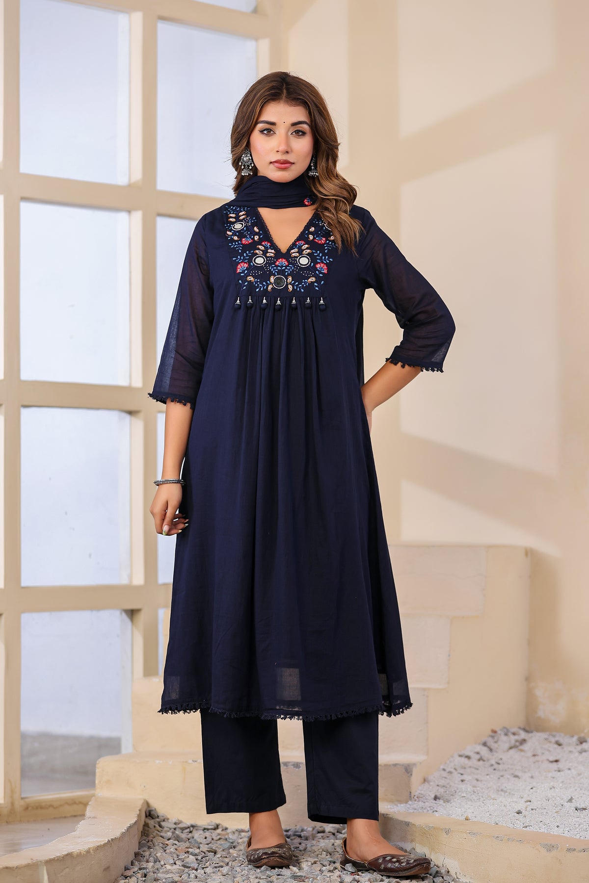 Navy blue Fabric Mall Cotton Kurti Pant Dupatta 3Pcs Set