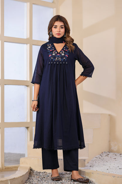 Navy blue Fabric Mall Cotton Kurti Pant Dupatta 3Pcs Set