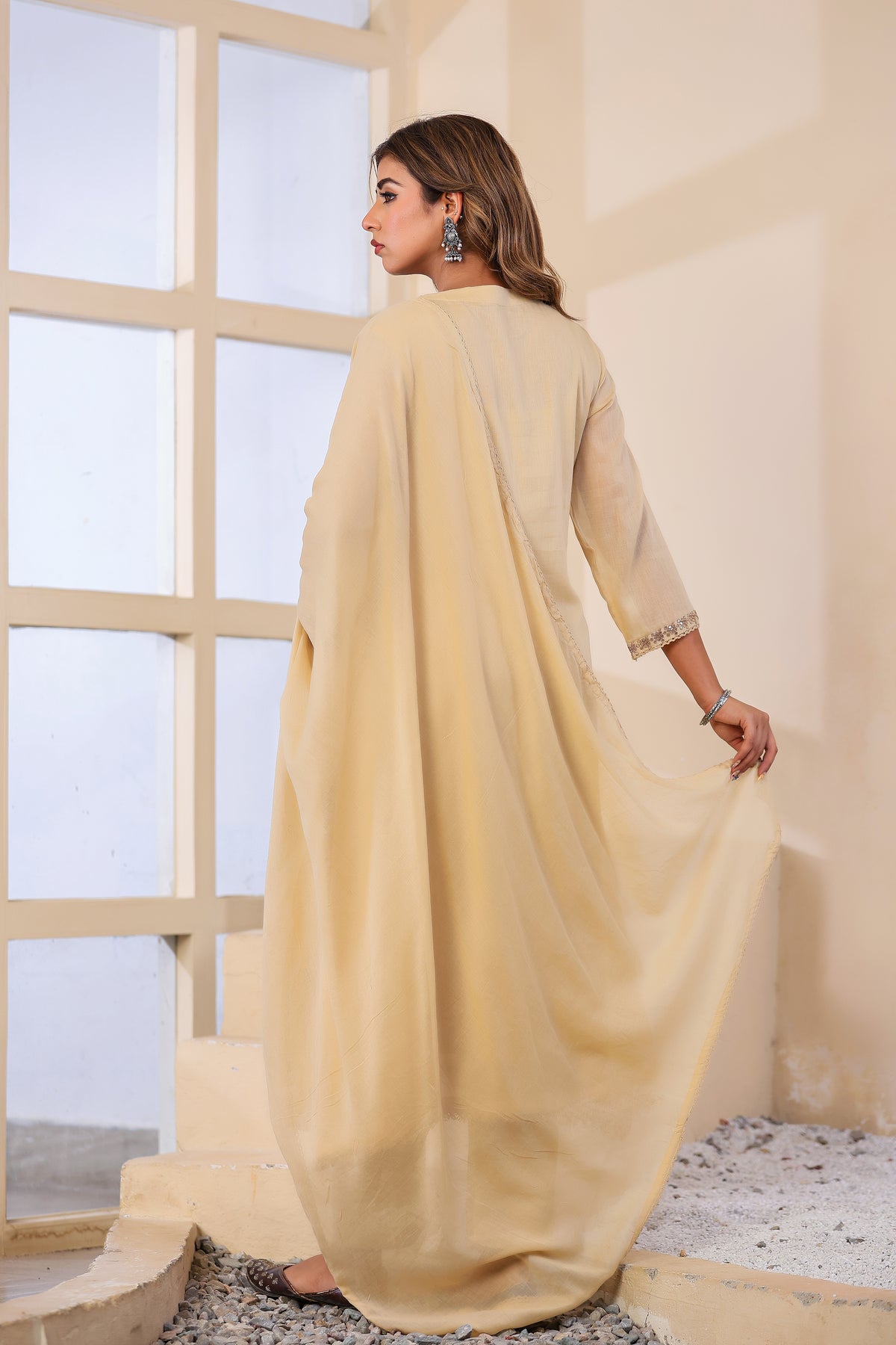 Buff Fabric Mall Cotton Kurti Pant Dupatta 3Pcs Set
