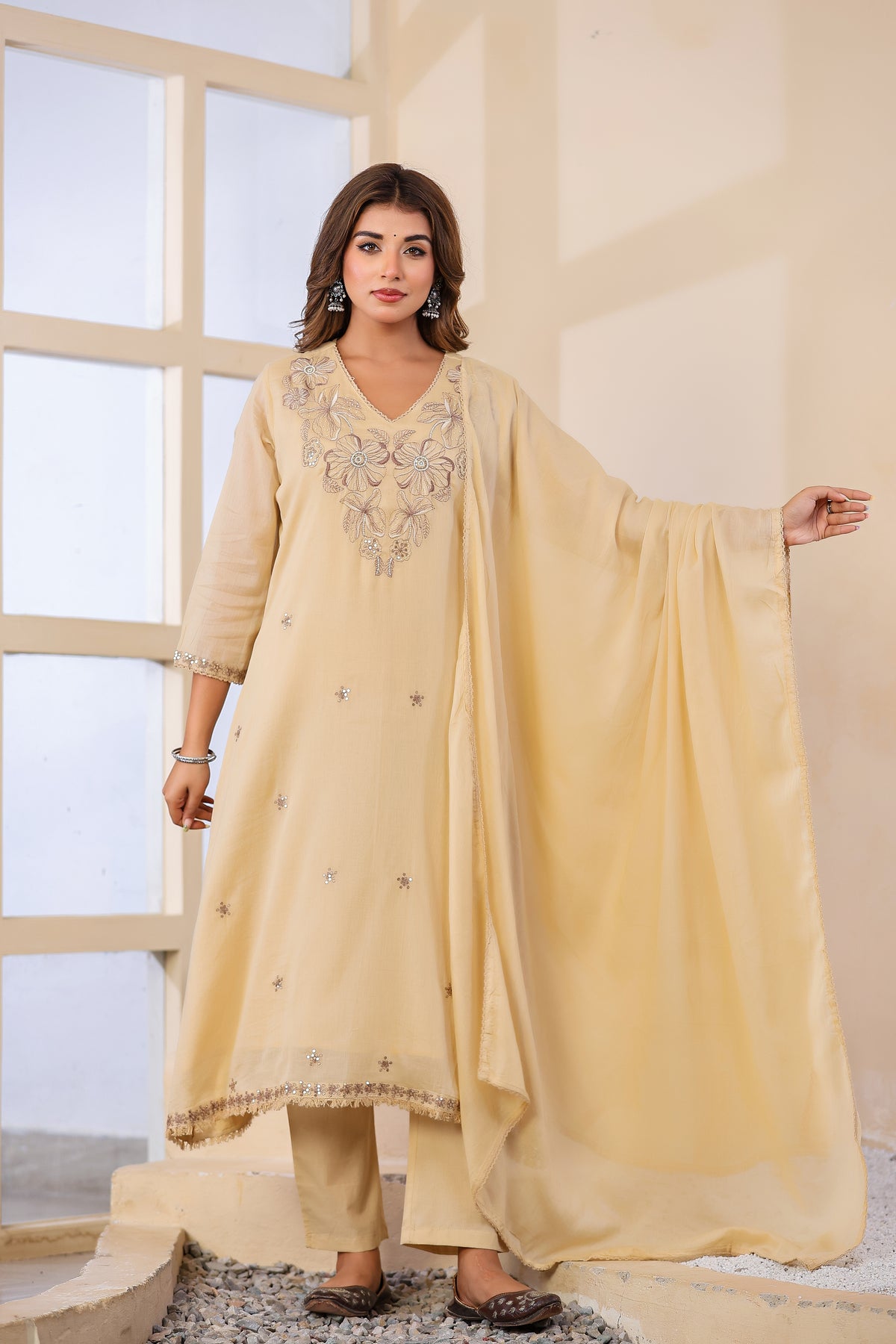 Buff Fabric Mall Cotton Kurti Pant Dupatta 3Pcs Set