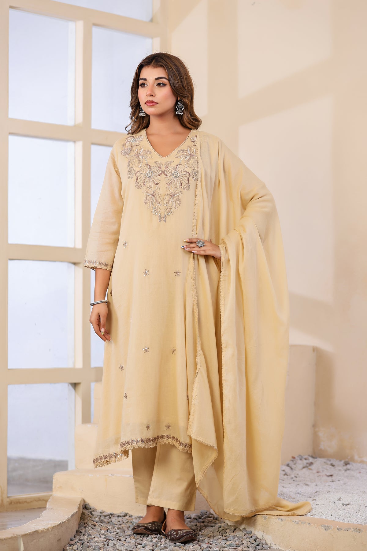 Buff Fabric Mall Cotton Kurti Pant Dupatta 3Pcs Set