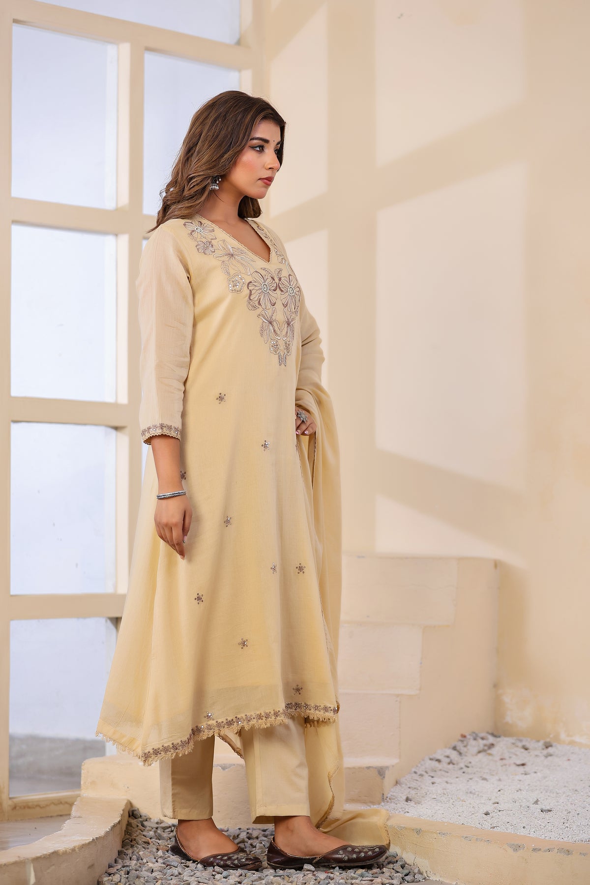 Buff Fabric Mall Cotton Kurti Pant Dupatta 3Pcs Set