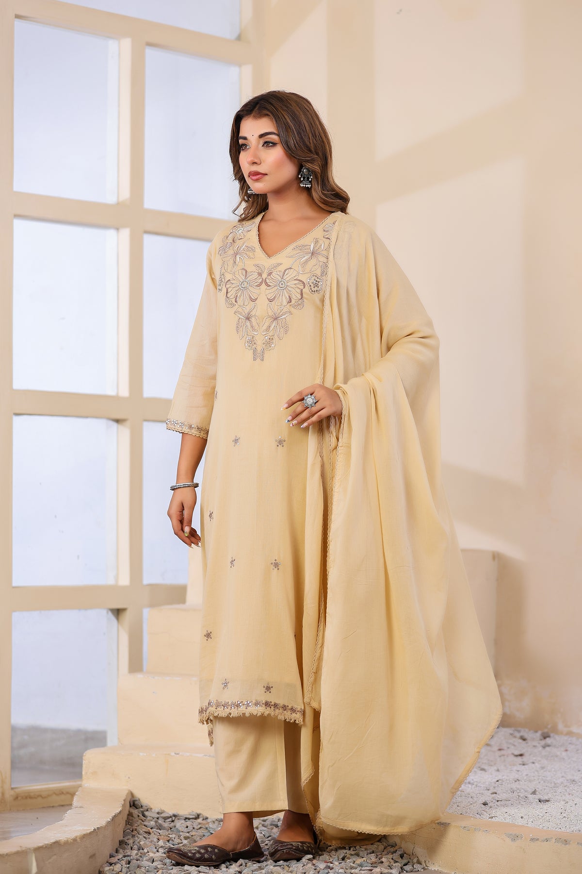 Buff Fabric Mall Cotton Kurti Pant Dupatta 3Pcs Set