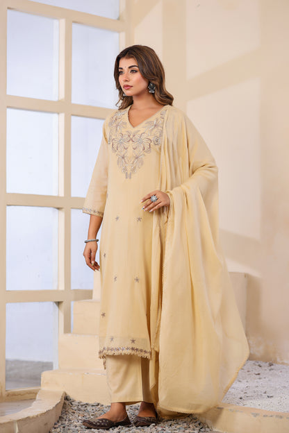 Buff Fabric Mall Cotton Kurti Pant Dupatta 3Pcs Set