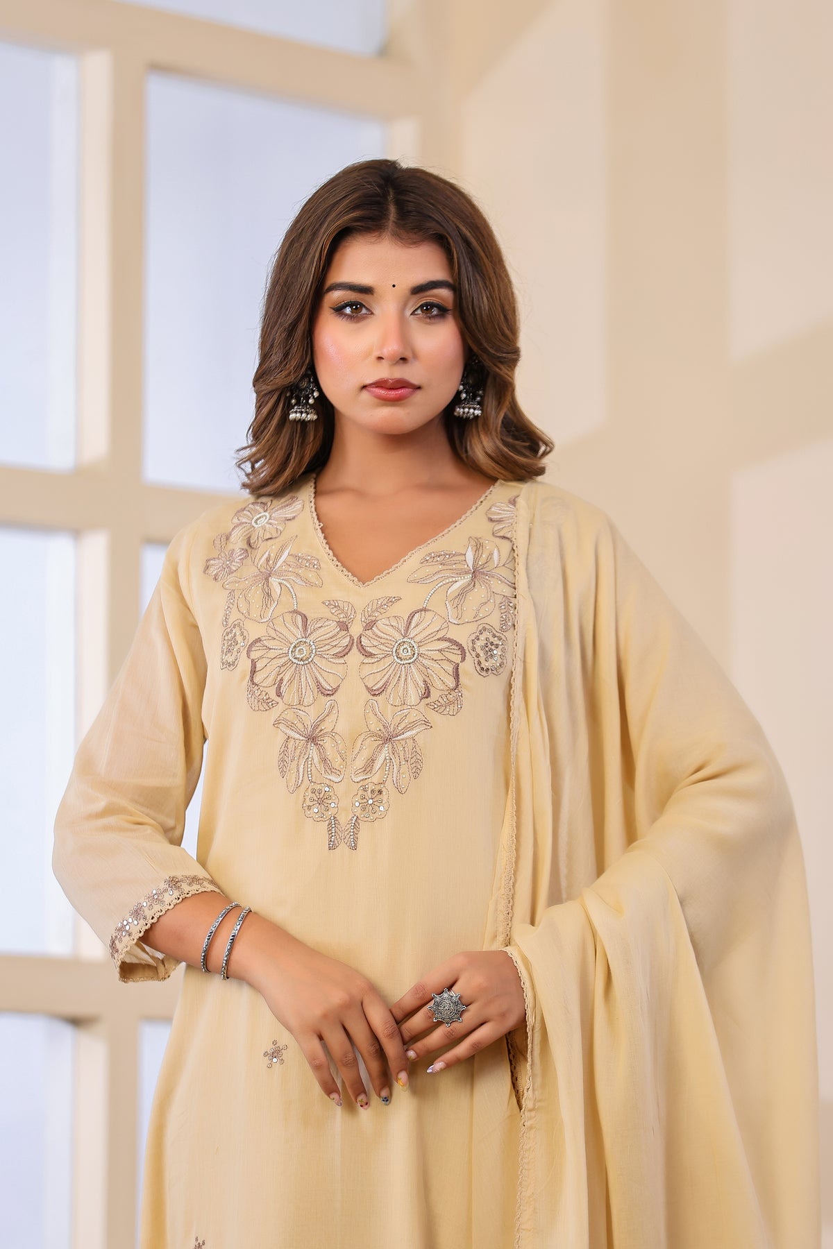 Buff Fabric Mall Cotton Kurti Pant Dupatta 3Pcs Set