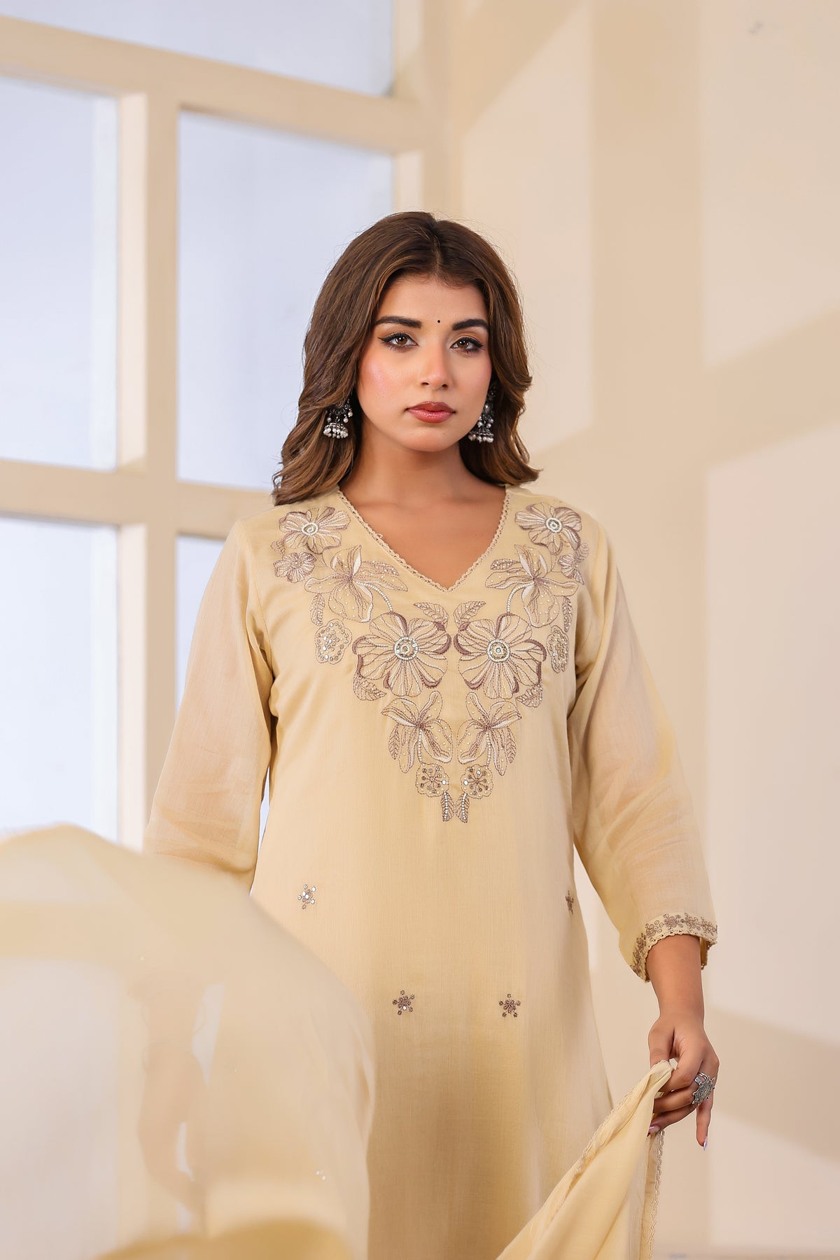 Buff Fabric Mall Cotton Kurti Pant Dupatta 3Pcs Set
