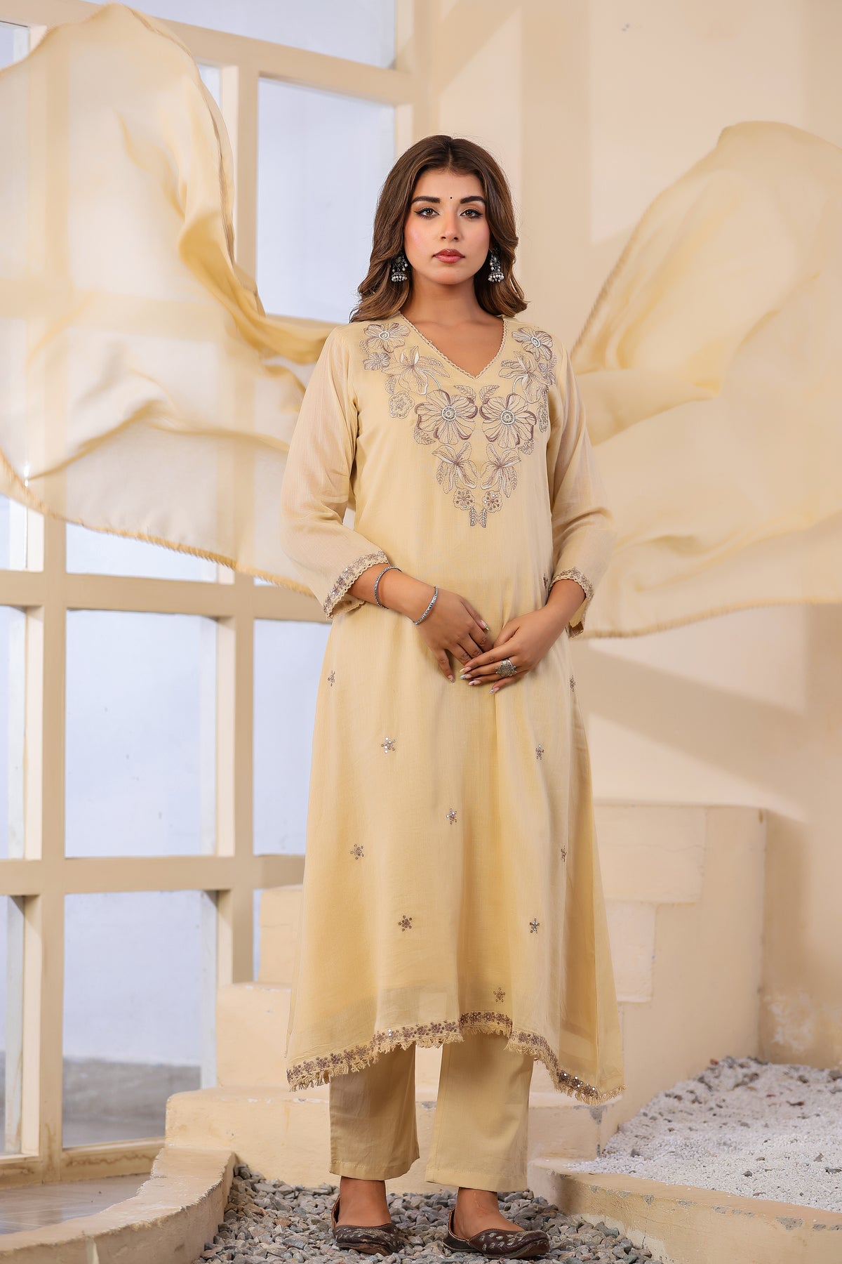 Buff Fabric Mall Cotton Kurti Pant Dupatta 3Pcs Set