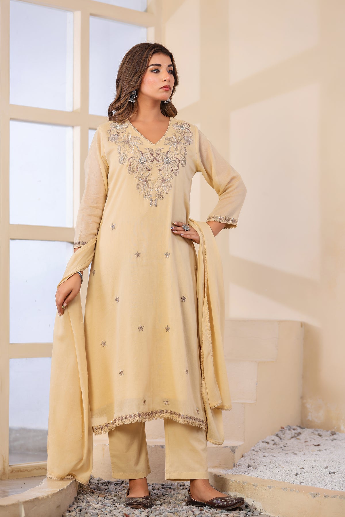 Buff Fabric Mall Cotton Kurti Pant Dupatta 3Pcs Set