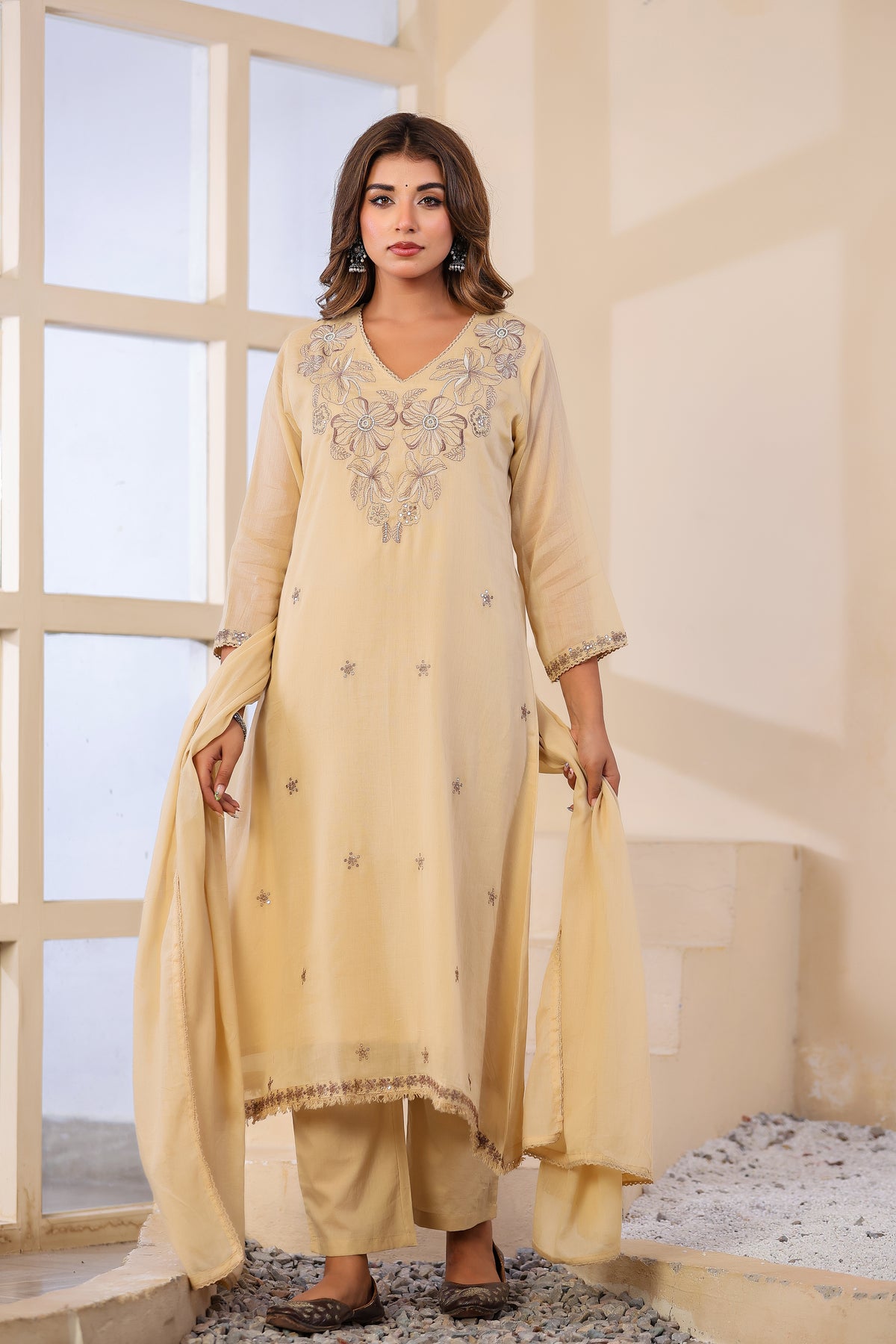 Buff Fabric Mall Cotton Kurti Pant Dupatta 3Pcs Set