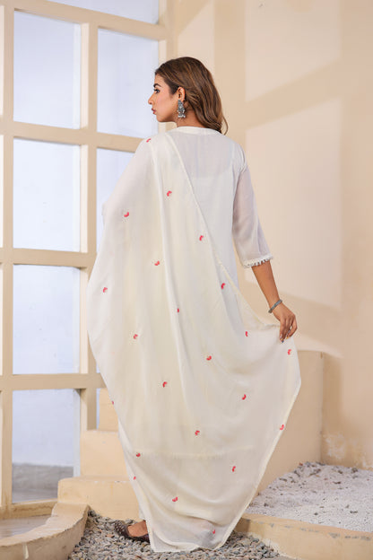 Cream  Fabric Mall Cotton Kurti Pant Dupatta 3Pcs Set
