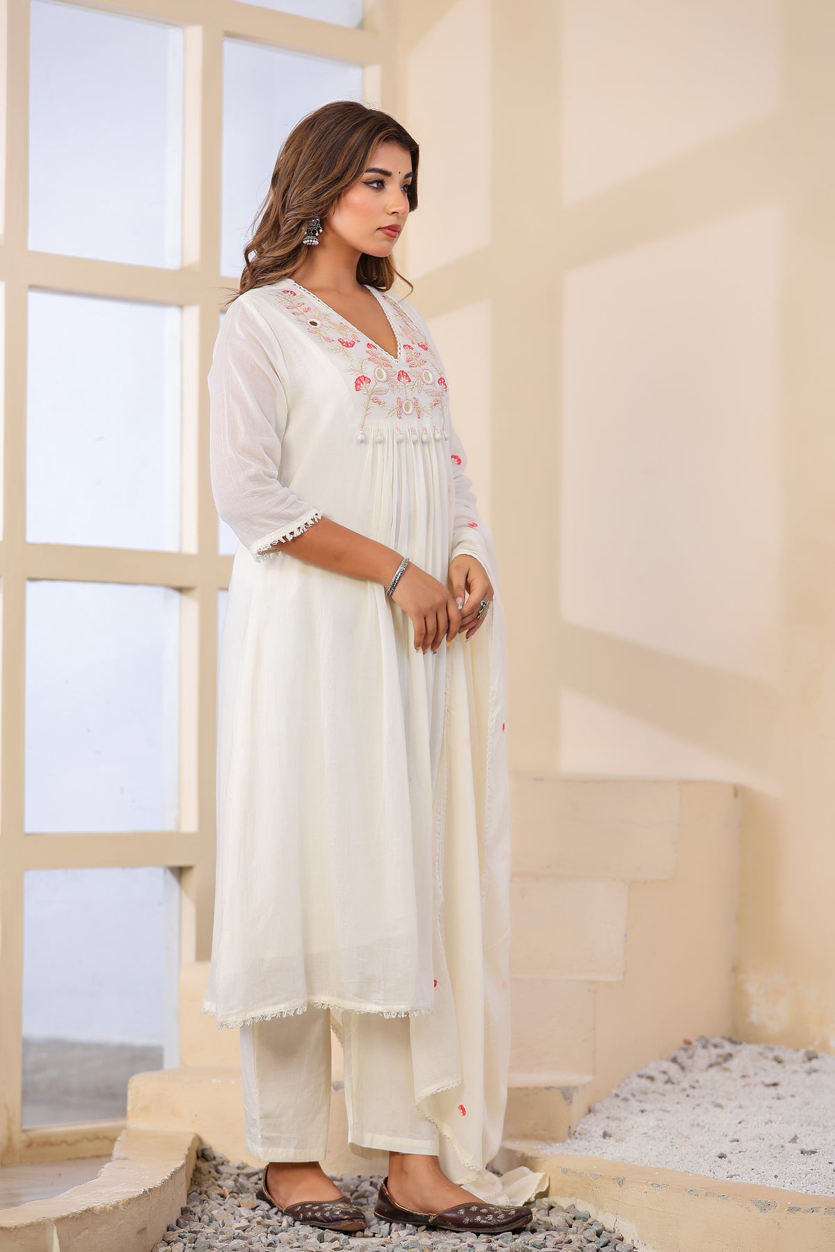 Cream  Fabric Mall Cotton Kurti Pant Dupatta 3Pcs Set