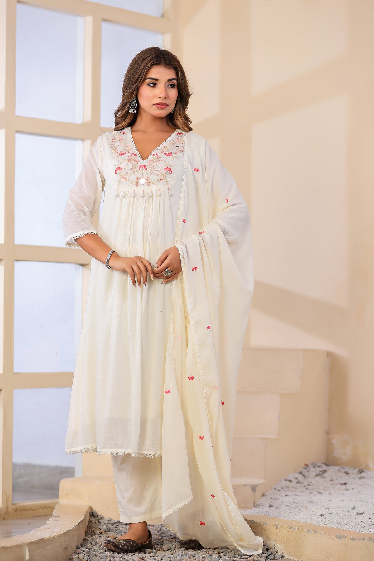 Cream  Fabric Mall Cotton Kurti Pant Dupatta 3Pcs Set