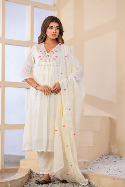 Cream  Fabric Mall Cotton Kurti Pant Dupatta 3Pcs Set