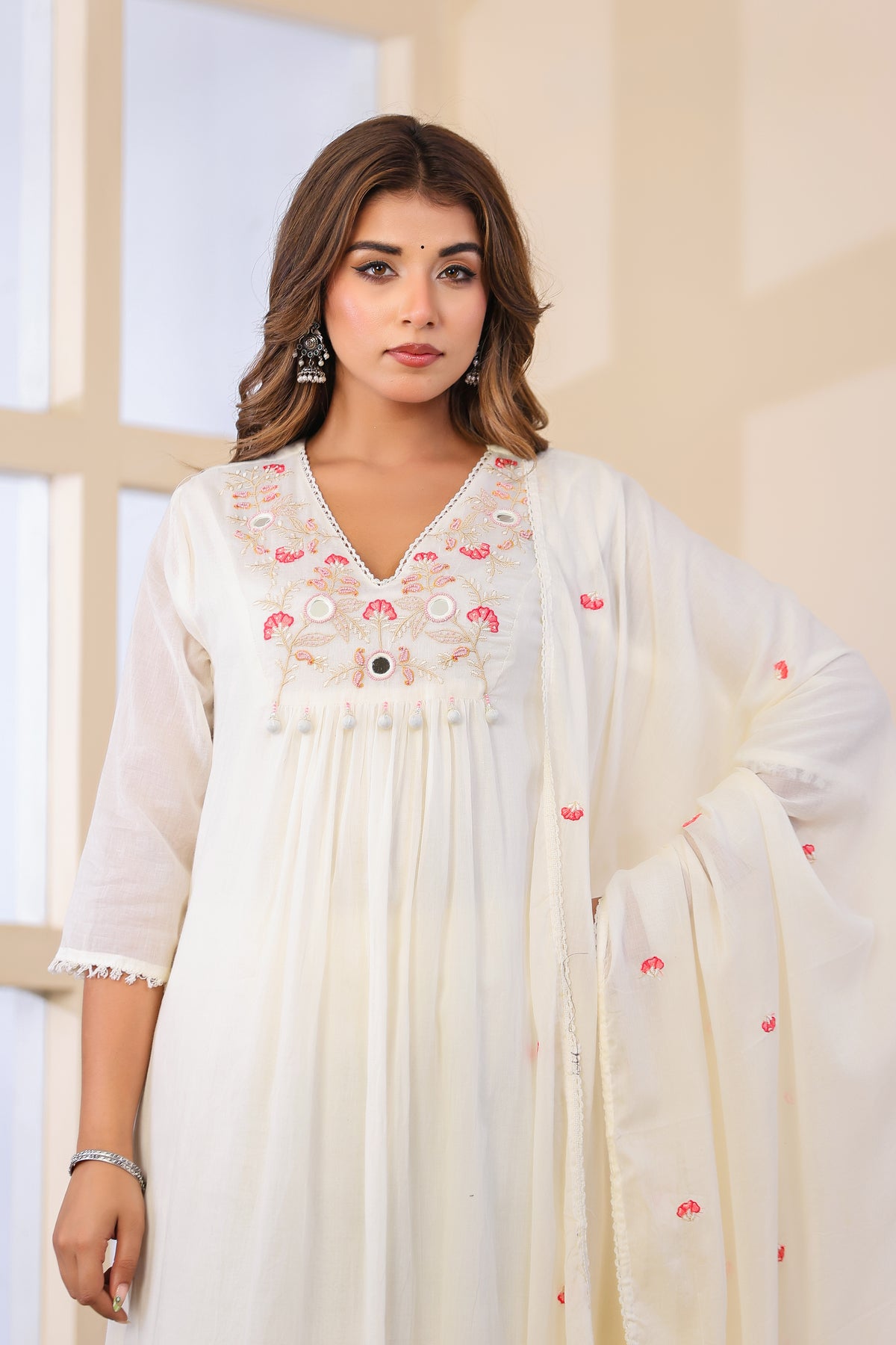 Cream  Fabric Mall Cotton Kurti Pant Dupatta 3Pcs Set
