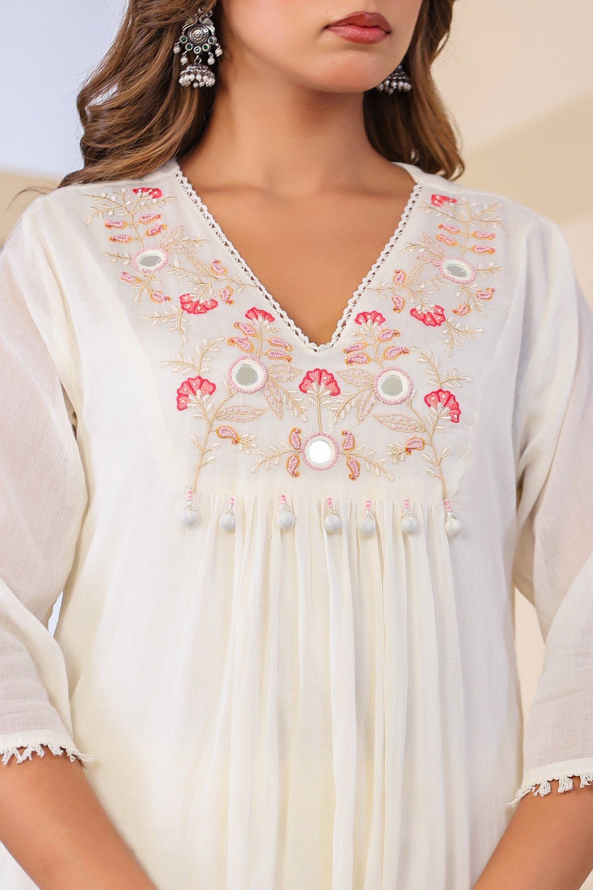 Cream  Fabric Mall Cotton Kurti Pant Dupatta 3Pcs Set