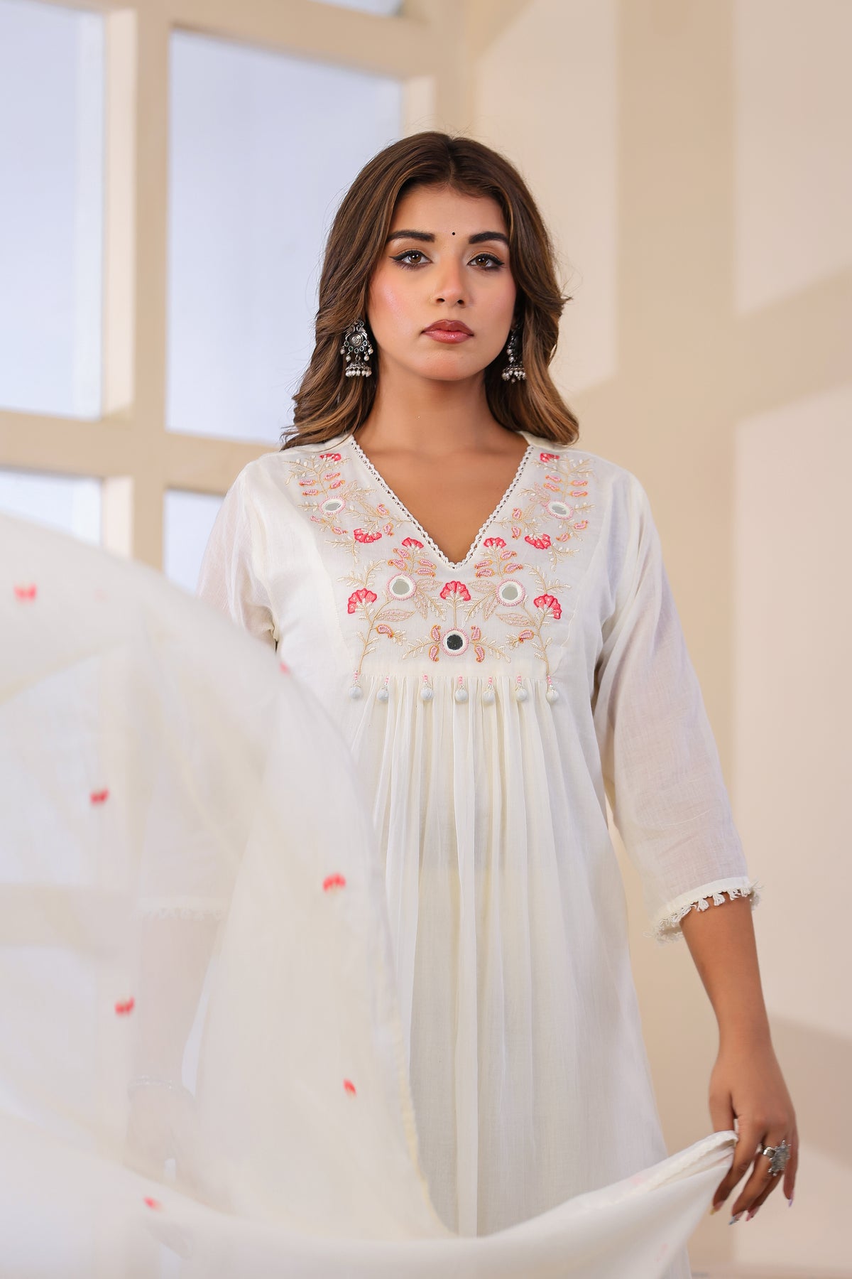 Cream  Fabric Mall Cotton Kurti Pant Dupatta 3Pcs Set