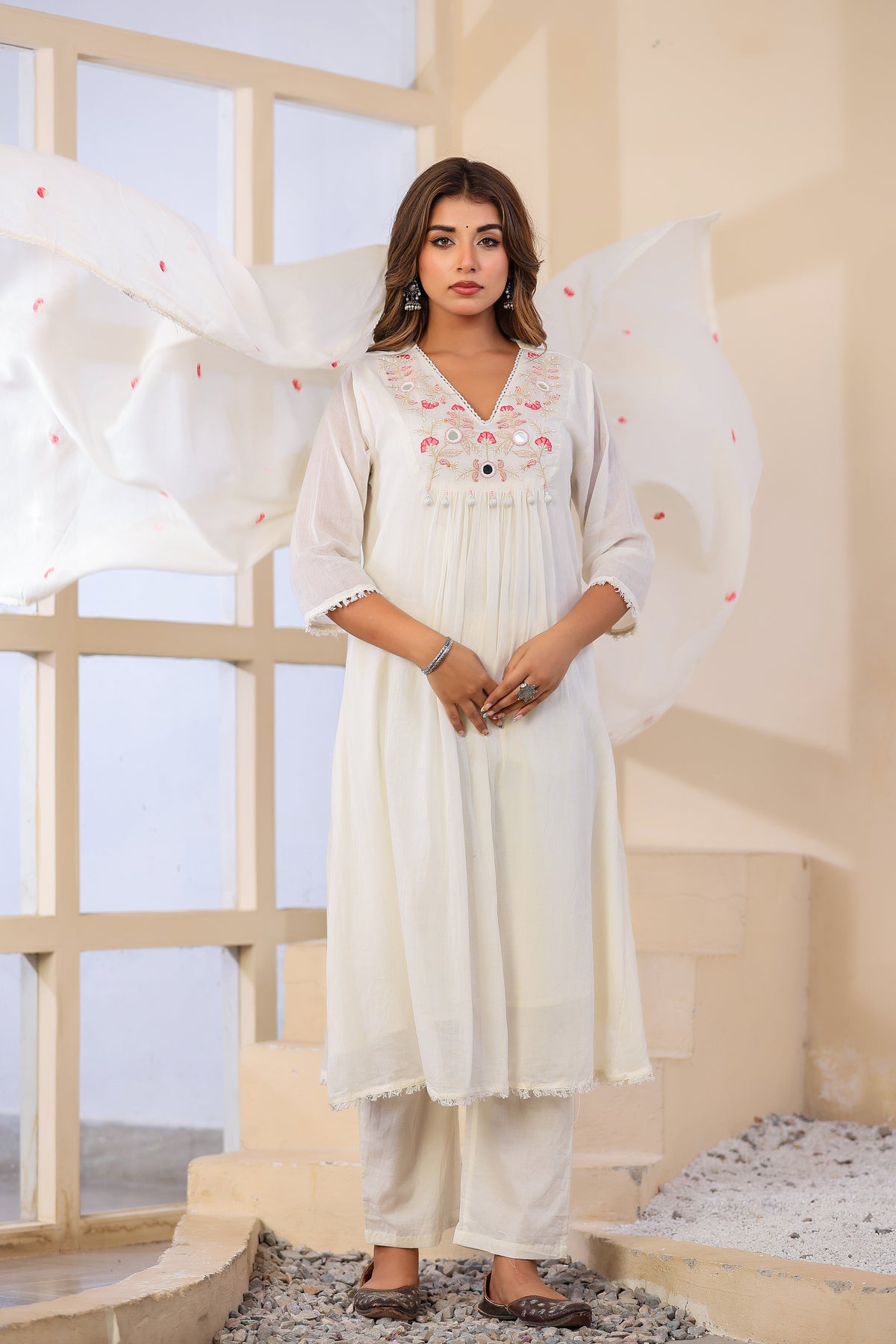 Cream  Fabric Mall Cotton Kurti Pant Dupatta 3Pcs Set