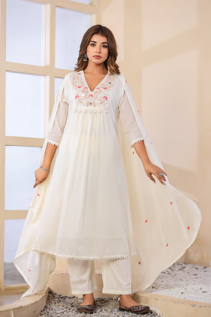Cream  Fabric Mall Cotton Kurti Pant Dupatta 3Pcs Set